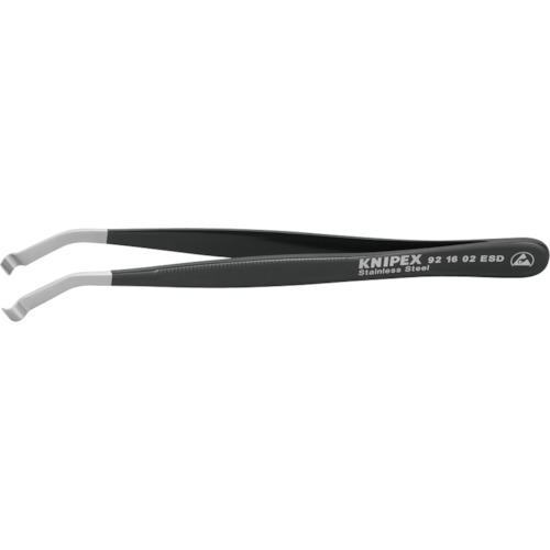 KNIPEX　精密ピンセット　120mmJAN：4003773086956メーカー：KNIPEX社 / ブランド：KNIPEX / 原産国：インド特長●細い部品でも保持、挿入、引き抜きが簡単にできます。●丸みを帯びた部品や立方体の部品をしっかりと確実に位置決めしたり、引っ張ったりするために、寸法に合わせたデザインのグリップ面を備えています。●スルーホール技術（THT）およびピンインホール技術（PIH）に対応しています。●作業者と電子部品の間の電位差を制御して緩和します。●黒のエポキシ樹脂コーティングで、表面抵抗値10^4〜10^9Ωを実現しています。仕様●全長(mm)：120●幅(mm)：10●先端形状：先曲型●先端幅(mm)：4●チップ先端幅(mm)：4材質／仕上●ステンレス鋼