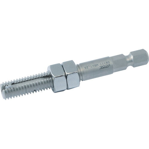VOELKEL　タングレスインサート用挿入工具（M10用） JAN：4022835091158 メーカー：VOELKEL社 / ブランド：VOELKEL / 原産国：ドイツ 特長 ●タングレスインサートねじ専用の挿入工具です。●入りの深さを調整できるロックナット付きです。●六角軸（6.35mm）でビットホルダーに差し込んで使用できます。●効率的な作業が可能です。●電気ドライバーなど電動工具で使用できます。●ラチェットハンドル（凹6.35mm）に取り付けて作業できます。●インサートねじキット（タングレス）のスペアです。 用途 ●タングレスインサートねじの挿入に。 仕様 ●使用ボルトねじ：M10×1.5●全長(mm)：77●シャンク径(mm)：6.35 仕様（詳細） ●ナット対辺(mm)：14 材質／仕上 ●工具鋼