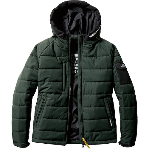 BURTLE　【今季完売】　防寒フーディジャケット（ユニセックス）　5030−61−M　アーミカーキ JAN：4580661946436 メーカー：（株）バートル / ブランド：BURTLE / 原産国：ミャンマー 特長●薄手ながら防水性、撥水性、防風性を高い次元で備えたライトシェル素材です。●高めに設定したフードカラーが首元をすっぽり覆います。 用途●屋外作業時の防寒・防風に。 仕様●色：アーミカーキ●サイズ：M●着丈(cm)：67●胸囲(cm)：110 仕様（詳細）●耐久撥水加工 材質／仕上●表地：ポリエステル100％●裏地：ポリエステル100％ ご注意●改良・仕様変更に伴い同一品番の商品でも旧カタログとスペックが異なる場合がございます。