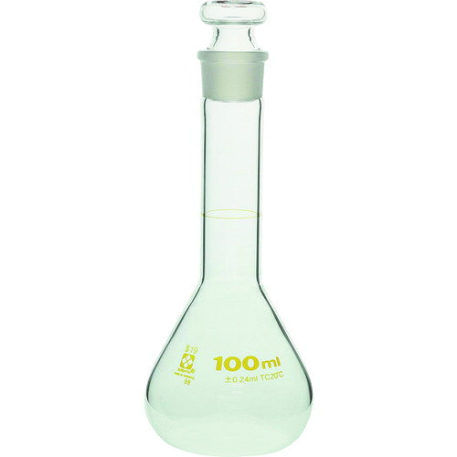 SIBATA　メスフラスコ　短形　100mL JAN：4589988666959 メーカー：柴田科学（株） / ブランド：SIBATA / 原産国：台湾 特長 ●一定の体積を測るために用いられます。全量フラスコとも呼ばれます。●底の平らなフラスコに細長い首が伸びた形状で、首の部分に通常は1本の回線があります。●目盛のある首部分の径が細いため、同容量のメスシリンダーより目盛の精度が高いです。●一定の試薬濃度を正確に調整する時に使用されます。●目盛は受入体積（入っている体積）を表し、受用（入用）を意味するTCが表示しています。（TC：To Contain の略）・目盛は20℃の水を測定したときの体積を表します。●JIS規格（R3505）クラスBの「首太全量フラスコ」に準拠しています。 用途 ●一定体積の溶液をはかり取るためのガラス製実験器具として。 仕様 ●容量(ml)：100●外径(mm)：60●高さ(mm)：137●許容誤差(ml)：±0.24●適合栓：19 仕様（詳細） ●JIS R3505 クラスB「首太全量フラスコ」に準拠しています。●適合栓：19●オートクレーブ（121℃　15〜20分程度の滅菌）可能 材質／仕上 ●ほうけい酸ガラス-1 セット内容／付属品 ●平栓 ご注意●高さには栓を含みません。
