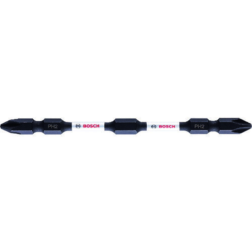 ボッシュ　両頭ドライバービット110mm JAN：6949509239761 メーカー：ボッシュ（株） / ブランド：ボッシュ / 原産国：ベトナム 特長●耐久性50％アップ（当社比）しました。●充電・電動・エアドライバー（インパクト含）対応です。 用途●ドライバードリル、インパクトドライバーでのねじ締めに。 仕様●刃先：PH2●全長(mm)：110●シャンク径(mm)：6.35●硬さ：HRC62●先端マグネット：あり●色：黒●塗装色：黒●ボール溝(mm)：13●マグネット：有●硬度：HRC62●対辺(mm)：6.35●セット内容(本)：2 仕様（詳細）●シャンク径：6.35mm●先端：マグネット入り 材質／仕上●S2合金工具鋼(HRC62) セット内容／付属品●2本入り