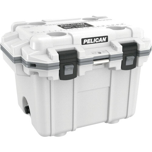 PELICAN　30QT　エリートクーラー　ホワイトXグレー JAN：825494067410 メーカー：PELICAN　PRODUCTS社 / ブランド：PELICAN / 原産国：アメリカ 特長●最高クラスの耐久性でタフな環境でも安心してお使い頂けます。●分厚い保冷フォームを搭載しており抜群の保冷力を誇ります。 仕様●色：ホワイト×グレー●幅(mm)：643●奥行(mm)：483●高さ(mm)：470●有効内寸(mm)間口：371●有効内寸(mm)奥行：259●有効内寸(mm)高さ：279●容量(L)：30●収納目安：350ml缶・23本●保冷部厚み(mm)：53●食品衛生法適合品●有効内寸(mm)幅:371 仕様（詳細）●プレス&プルラッチ●フタ部カップホルダ付●栓抜き金具付●排水バルブ付●フタ部フィッシュスケール付 材質／仕上●本体：ポリプロピレン樹脂●栓抜き：ステンレス