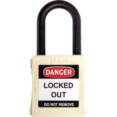 IFAM　ロックアウト用南京錠　ナイロン製シャックル　白 JAN：8420078462005 メーカー：IFAM社 / ブランド：IFAM / 原産国：中国 特長 ●ツルはナイロン製で耐薬性があります。●本体とツルには非導電素材を使い電気トラブルを回避できます。●完全に施錠するまで鍵を引き抜けません。●耐食性があり−40〜160℃の環境で使用できます。●メンテナンス作業時に起こる事故の心配を減らす事ができます。 用途 ●化学工場、薬品工場、発電所でのロックアウトに。 仕様 ●幅(mm)：38●高さ(mm)：88●色：白●A(mm)：20●寸法(mm)B：38●シャックル直径(mm)：6 材質／仕上 ●ツル：ナイロン●本体：ABS樹脂 セット内容／付属品 ●鍵、キーカバー：1個●本体貼付け用ロックアウトシール、作業者書き込みシール ご注意●鍵No.はそれぞれ固有のものとなります。同一の鍵で複数の錠を開錠することは出来ません。