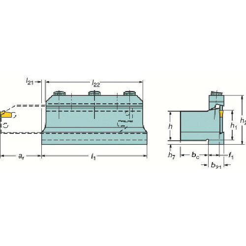 SANDVIK　T−Max　Q−カット　ツールブロック（420） JAN：trusco1318781 メーカー：サンドビック（株）コロマントカンパニー / ブランド：SANDVIK / 原産国：スウェーデン 特長 ●深い突切り加工向けのブレード用ツールブロックです。 用途 ●切込み深さが2mm以上のプロファイリングと外径旋削用。●主に深い突切り加工用。 仕様 ●l21：5●最大切り込み：35●f1：13.4●l1：80●h：20●h1：20●h2：45.5 仕様（詳細） ●サンドビック　T−Max　Q−カット　ツールブロック