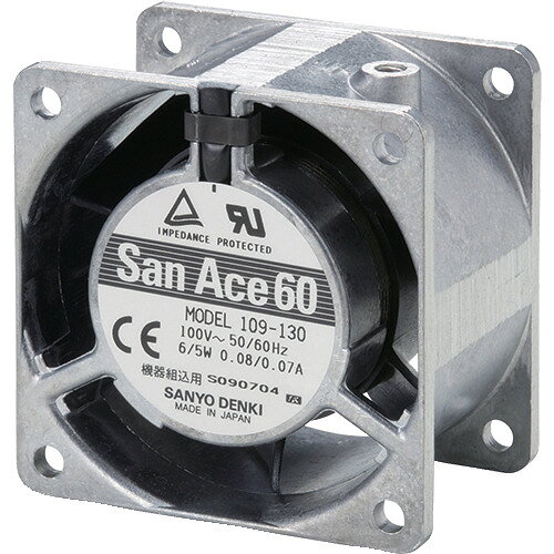 SanAce　ACファン（60×38mm　AC100V　センサ無） JAN：trusco3532143 メーカー：山洋電気（株） / ブランド：SanAce / 原産国：日本 特長 ●ファンの送風により装置の熱源や制御盤内を強制空冷します。●部品の温度上昇を制御することで装置寿命を伸ばします。●交流電源を接続するだけで簡単に動作します。（配線2本） 用途 ●通信機器、制御機器、電源装置などの熱源冷却。●空気の送風、循環、拡散。 仕様 ●角寸(mm)：□60●厚さ(mm)：38●定格電圧(V)：AC100●期待寿命(時間)：25000●音圧レベル(dB(A))50Hz：28●音圧レベル(dB(A))60Hz：30●静圧(Pa)50Hz：16.3●静圧(Pa)60Hz：23.3●風量(［［M3］］/min)50Hz：0.33●風量(［［M3］］/min)60Hz：0.40 仕様（詳細） ●使用電圧範囲：定格電圧±10%、使用温度範囲：-30〜60℃(結露なきこと)●保護機能：焼損保護(羽根拘束時に電流を制限して巻線の発熱を防止)●期待寿命の定義：定格電圧、連続運転、周囲温度60℃にて、残存率90% 材質／仕上 ●フレーム:アルミダイカスト●羽根:樹脂（PPHOX） セット内容／付属品 ●電源供給用プラグコード（□60mmファンはリード線仕様のため付属なし）