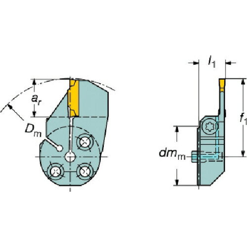 SANDVIK　コロターンSL　コロカット1・2用端面溝入れブレード（420） JAN：trusco6943381 メーカー：サンドビック（株）コロマントカンパニー / ブランド：SANDVIK / 原産国：スウェーデン 特長●高いクランプ剛性の突切り・溝入れ用カッティングヘッドです。●独自のレールロックシートとV形シートで、横方向の切削力をしっかり受け止め、高い安定性をもたらします。（特許取得済） 用途●端面溝入れ加工用に。 仕様●ゲージチップ：N123H2-0400- CM●一発目の加工径　最小：40●一発目の加工径　最大：60●チップ締め付けトルク：3●最大切り込み：18●D5m：32●f1：41.1●l1：18●l3：56.1 仕様（詳細）●サンドビック　コロターンSL　コロカット1・2用端面溝入れブレード