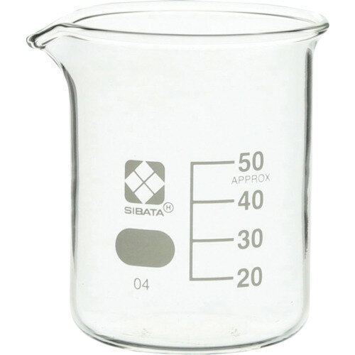 【特長】●耐熱性、透明性にすぐれたほうけい酸ガラス製ビーカーです。●液体の混合や撹拌、固体の溶解などに用いられる、注ぎ口のついた容器です。【用途】●一般的な理化学試験・教育用。【仕様】●容量(ml)：50●目盛間隔(ml)：10●外径(mm)：46●高さ(mm)：60●全高(mm)：60【仕様2】●耐熱温度差120℃●取手なし【材質／仕上】●ほうけい酸ガラス-1【注意】●ガラスの特性上、機械的、物理的衝撃には弱い性質があります。