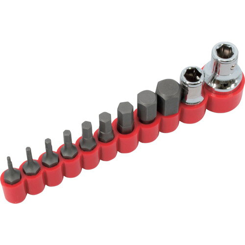 【特長】●ヘックス（ヘキサゴン、六角）のビットセットです。●差込角1/4DR（6.3mm）、差込角3/8DR（9.5mm）のラチェット差込角に取り付けできるビットホルダー付きです。●持ち運びに便利な専用収納ホルダー付きです。●使いやすく、どこにでも持ち運べて使え、緊急の時でも持っていて安心です。【仕様】●セット内容：1.5mm、2mm、2.5mm、3mm、4mm、5mm、6mm、8mm、10mm×各1、1/4ビットホルダー×1、3/8ビットホルダー●セット内容(本)：11【仕様2】●入組内容：1.5mm、2mm、2.5mm、3mm、4mm、5mm、6mm、8mm、10mm×各1、1/4ビットホルダー×1、3/8ビットホルダー×1[共通仕様]●ビット全長：25mm●ビット二面幅：1/4●ビット材質：S2●ソケット材質：CR-V●総重量：94g（収納ホルダー含む）【セット内容／付属品】●収納ホルダー×1