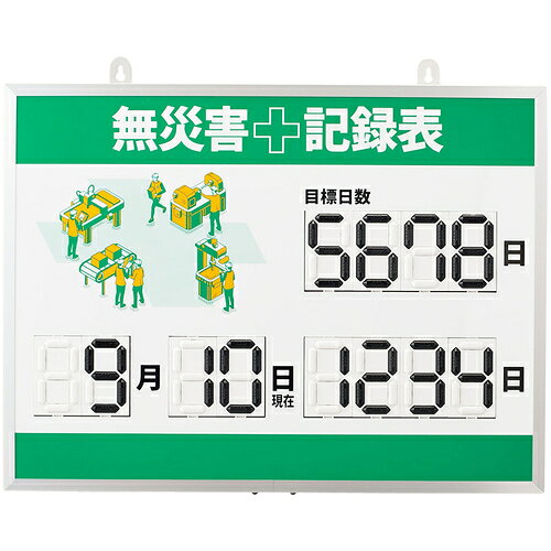【特長】●指一本でパーツを半回転させるだけで簡単に数字を更新できます。●「数字のみ立体」で正面は勿論、上下左右からの視認性にも優れています。●電源不要で設置場所を問いません。●更新作業に数字札やパーツの脱着は不要で、紛失の心配もありません。●「完全オリジナルの板面」や「社名・部署名の追加」などは別途見積致します。【用途】●職場の無災害活動に。【仕様】●表示内容：無災害記録表・目標日数●取付仕様：吊り下げタイプ（金具付き）●縦(mm)：453●横(mm)：603●厚さ(mm)：23●イラスト：複数人（工作機械）【仕様2】●周囲アルミ枠【材質／仕上】●本体：PET樹脂、木材●数字札：ABS樹脂●枠：アルミ●壁面用金具：SUS304【セット内容／付属品】●壁面設置用金具