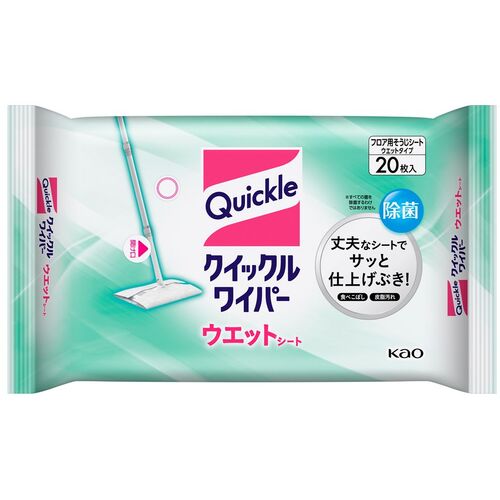 【特長】●掃除機やドライシートではとれない、食べこぼし・皮脂汚れ・砂ぼこりがスッキリふきとれます。●洗浄液を含んだ3層構造のシートで広い範囲がお掃除できます。●1枚（両面）で約10畳の広さをおそうじできます。●除菌剤配合で、部屋中いつでも清潔除菌※。※すべての菌を除菌するわけではありません。●市販のお掃除シートが使用可能な床ふきロボット掃除機にも取り付けられます。【用途】●床（フローリング、ビニール）・壁・畳・網戸・玄関たたきの汚れ取りに。●シートの中央部にクイックルワイパー（道具本体）を置いて、ヘッドを包み込むよう、差し込み口（4ヶ所）に押し込んで止めてください。●使用中、床に液がつかなくても、シートにしめり気があれば汚れは取れます。●床ふきロボット掃除機でのご使用には、掃除機の取り扱い説明書をよくお読みになってお使いください。※クイックルワイパーと必ずしも同じ性能を発揮するわけではありません。【仕様】●シートサイズ(mm)：205×285●入枚数：20【仕様2】●フロア用そうじシート【材質／仕上】●成分:エタノール、界面活性剤（アルキルアミンオキシド）、除菌剤、香料●シート材質:レーヨン、アクリル、ポリプロピレン、ポリエチレン、ポリエステル【注意】●窓・鏡・水ぶきできないもの（水がしみこむ白木・家具・壁材等）・桐・うるし塗り・銅・しんちゅう製品・プラスチック製品・液晶画面・プラズマディスプレイの画面・天然石材には使えません。●水に溶けないので、トイレには流さない。●シートを取り出した後は、表面のシールをぴったり閉めて保管してください。●畳、水がしみ込む家具・壁紙は、目立たない所で、変色しないことを試してから使う。●クイックルワイパーに付けたまま、長時間直接床の上に置いたままにしない。床が変色することがある。