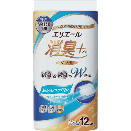 【特長】● 天然由来成分のW消臭成分（柿タンニン＆茶カテキン）に加えて揮発性消臭成分を配合し、気になるニオイをしっかり消臭します。●爽やかさ・清潔感を感じられる、芯からしっかり香る「フレッシュクリアの香り」です。【仕様】●タイプ：ダブル●幅(mm)：114●長さ(m)：25●色：ホワイト●ケース入数：12ロール×6パック【材質／仕上】●パルプ100％