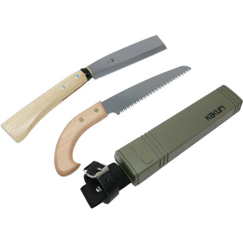 【特長】●ナタとノコを一つのサヤに収納できるので、持ち運びに便利です。●長い薪を切断し細く割る事ができるので薪作りに便利です。【用途】●枝の剪定、薪作りに【仕様】●刃長(mm)：190（鋸）/165（鉈）●刃幅(mm)：35（鋸）/42（鉈）●全長(mm)：310（鋸）/350（鉈）ナタ　全長約350mm　刃身　約165mm【仕様2】●キャンプや剪定などに【材質／仕上】●ナタ：刃／鋼・柄／樫、ノコ：刃／鋼・柄／ブナ材、サヤ：本体／PP樹脂・吊ベルト／ナイロン・PP樹脂・革【セット内容／付属品】●ナタ1本、ノコ1本●吊ベルト