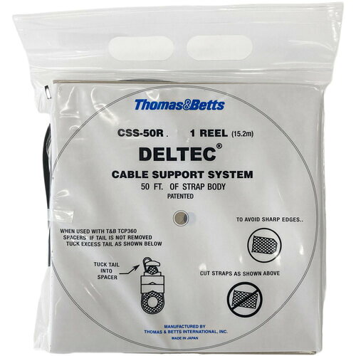 【特長】●Deltec［［R上］］(デルテック)は、屋外で最低20年間使用できるように設計されたリールストラップタイプの結束バンド(ケーブルタイ)です。●非常に優れた対候性を有する耐候性アセタール樹脂を使用した、標準タイプ(幅12.7mm)、全長50mのリールストラップです。●たすき掛け結束など、結束方法は比較的自由にアレンジ可能です。●必要な長さだけを使用するため、廃材が出ず環境にやさしい製品です。【用途】●電設工事用【仕様】●色：黒●幅(mm)：12.7●長さ(mm)：50000●厚さ(mm)：1.52●最大結束径(mm)：0●引張強度(N)：1100●使用温度範囲(℃)：-40〜+85●長さ(m)：50●リール全長(m)：50【材質／仕上】●耐候性アセタール