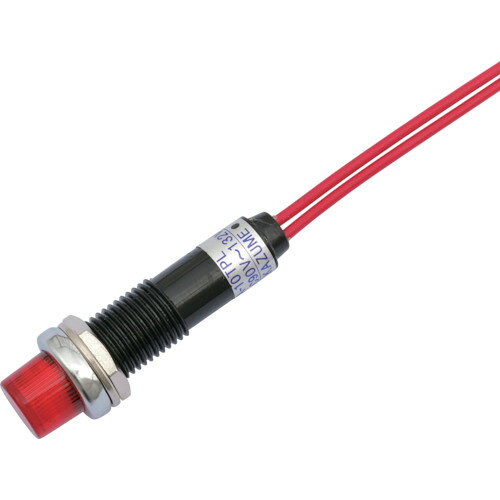 【特長】●抵抗器内蔵の高輝度LED表示灯です。●AC/DC100V用電源にダイレクトに接続できます。●長さ200mmのリード線(UL1430 AWG24)付です。【用途】●電源表示灯用。●電源のON、OFF表示灯。【仕様】●レンズ色：赤●発光色：赤●定格電圧(V)：AC/DC100(90〜132)●定格電流(mA)：1.0〜2.5【仕様2】●結線方法：リード線(L=200mm UL1430 AWG24)●モールドフレーム●絶縁耐圧：AC2000V1分間(充電部アース間)●絶縁抵抗：DC500V100MΩ以上(充電部アース間)●パネルカット：φ10.2mm【材質／仕上】●本体・フランジ・レンズ:ポリカーボネート樹脂●飾り金具:真鍮クロームメッキ