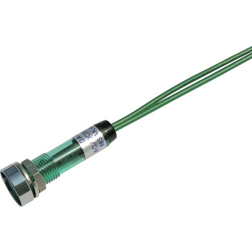 【特長】●抵抗器内蔵の高輝度LED表示灯です。●AC/DC100V用電源にダイレクトに接続できます。●長さ200mmのリード線(UL1430 AWG24)付です。●飾り金具が添付されています。【用途】●電源表示灯用。●電源のON、OFF表示灯。【仕様】●レンズ色：緑●発光色：緑●定格電圧(V)：AC/DC100(90〜132)●定格電流(mA)：1.0〜2.5【仕様2】●結線方法：リード線(L=200mm UL1430 AWG24)●モールドフレーム●絶縁耐圧：AC2000V1分間(充電部アース間)●絶縁抵抗：DC500V100MΩ以上(充電部アース間)●パネルカット：φ8.2mm【材質／仕上】●本体・フランジ・レンズ:ポリカーボネート樹脂●飾り金具:真鍮クロームメッキ