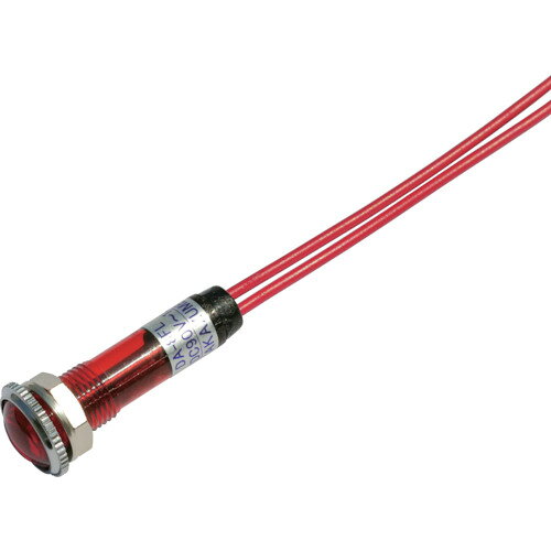 【特長】●抵抗器内蔵の高輝度LED表示灯です。●AC/DC100V用電源にダイレクトに接続できます。●長さ200mmのリード線(UL1430 AWG24)付です。●飾り金具が添付されています。【用途】●電源表示灯用。●電源のON、OFF表示灯。【仕様】●レンズ色：赤●発光色：赤●定格電圧(V)：AC/DC100(90〜132)●定格電流(mA)：1.0〜2.5【仕様2】●結線方法：リード線(L=200mm UL1430 AWG24)●モールドフレーム●絶縁耐圧：AC2000V1分間(充電部アース間)●絶縁抵抗：DC500V100MΩ以上(充電部アース間)●パネルカット:φ8.2mm【材質／仕上】●本体・フランジ・レンズ:ポリカーボネート樹脂●飾り金具:真鍮クロームメッキ