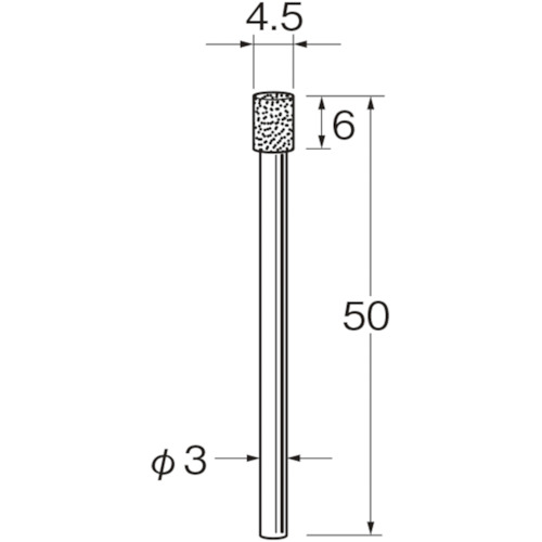 【特長】●精密内面研削用に特別に製作していますので振れなど寸法精度がすぐれています。●ダイヤモンド工具で加工しにくい、鉄系鋼材に最適です。●厳選した最高級ボラゾン砥粒を使用しているため、切れ味が抜群で耐久性に優れています。【用途】●合金鋼、工具鋼、ステンレス鋼、炭素鋼等の焼入鋼の内研、冶具研削に。【仕様】●粒度(#)：120●刃径(mm)：4.5●刃長(mm)：6●軸径(mm)：3●全長(mm)：50●最高使用回転数(rpm)：90000
