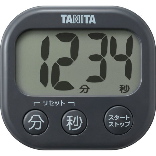 【特長】●使いやすさにこだわりぬいた「でか見えタイマー」が安心の抗菌加工になりました。● 本体背面にはストラップ穴とマグネット、立てられるスタンドが付いているので様々な設置方法で使用可能です。●＊「でか見え」は株式会社タニタの日本国での登録商標です。【用途】●時間管理に。●料理をする時に。【仕様】●最大計時：99分59秒●最小計時(秒)：1●最小計時(分)：1●幅(mm)：82●奥行(mm)：23●高さ(mm)：76●電源(V)：1.5V DC　単4形乾電池●色：ダークグレー【仕様2】●電源：単4形乾電池×1本(お試し用付属)●音量：70dB以上●マグネット付き●スタンド付き●ストラップ穴付き【材質／仕上】●ABS【セット内容／付属品】●取扱説明書（保証書付）●お試し用電池（単4形乾電池（R03）×1本）