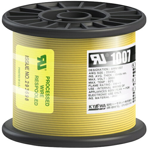 【特長】●UL WL-1及び電気用品安全法-F-の難燃試験に合格します。●UL・CSA共用です。【仕様】●色：黄●芯数：1●全長(m)：100●定格：300V●外径寸法(mm)：約1.6●導体(より線)断面積：AWG22●定格温度(℃)：80●許容電流(A)：8【仕様2】●定格温度80℃