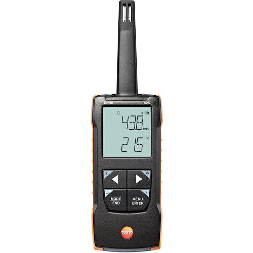 【特長】●testo625 は、温度・相対湿度・露点温度・湿球温度を測定可能なハンディタイプの温湿度計です。●長期安定性に優れた静電容量式センサを搭載し、平均の算出や、モバイルアプリ連携による数時間の簡易的なロギングにも対応しており、測定結果の表示・記録・文書化をサポートします。●時間平均・複数点平均の算出、音アラームです。●堅牢かつコンパクトなボディとバックライト付きディスプレイです。【仕様】●測定温度範囲(℃)：-20〜60●温度最小表示(℃)：0.1●測定湿度範囲(%RH)：0〜100●湿度最小表示(%RH)：0.1●幅(mm)：60●奥行(mm)：28●高さ(mm)：208●温度表示範囲(℃)：-20〜60●湿度表示範囲(%RH)：0〜100【仕様2】●湿度精度：±2.5%RH(5〜95%RH)●温度精度：±0.5℃●バックライト、ホールド機能、最大値/最小値、平均(時間/複数点)、ダンピング機能、自動オフ、音アラーム、Bluetoothプリンタ(オプション)、モバイルアプリ連携【セット内容／付属品】●ケース●乾電池●出荷検査書
