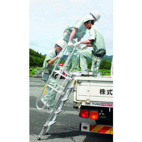 【特長】●4t〜10tまでのトラックの荷台に安全に昇降できます。【用途】●トラックの荷台への昇降用として。【仕様】●最大使用質量(kg)：150●天板寸法(mm)：300×400●段数(段)：6●設置高さ(mm)：1391〜1847●設置全高(mm)：2003〜2459●収納時寸法(mm)幅×奥行×高さ：703×2216×187【仕様2】●脚伸縮機能付き●両側手摺付●脚部伸縮ピッチ：20mm●脚部最大伸縮幅：348mm●完成品【材質／仕上】●アルミ