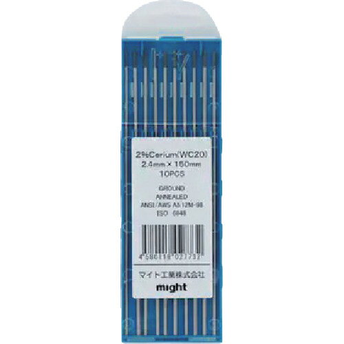 【特長】●セリウム入タングステン電極です。【用途】●先端を尖らせ、TIGトーチヘッドに装着。【仕様】●サイズ(mm)：2.4×150●電極径(mm)：2.4●長さ(mm)：150●パック入数(本)：10【材質／仕上】●2%セリウム入