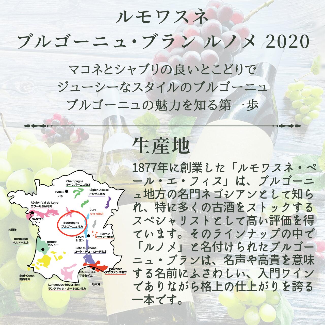 【フランス・白】ルモワスネ　ブルゴーニュ・ブラン ルノメ　2020　古酒のスペシャリストとして知られるルモワスネの定番ブルゴーニュ・ブラン　柑橘や洋梨、白い果実の香り　シルキーでフレッシュな口当たり budoukan-10007242 ワインショップ 葡萄館 サンプル画像2