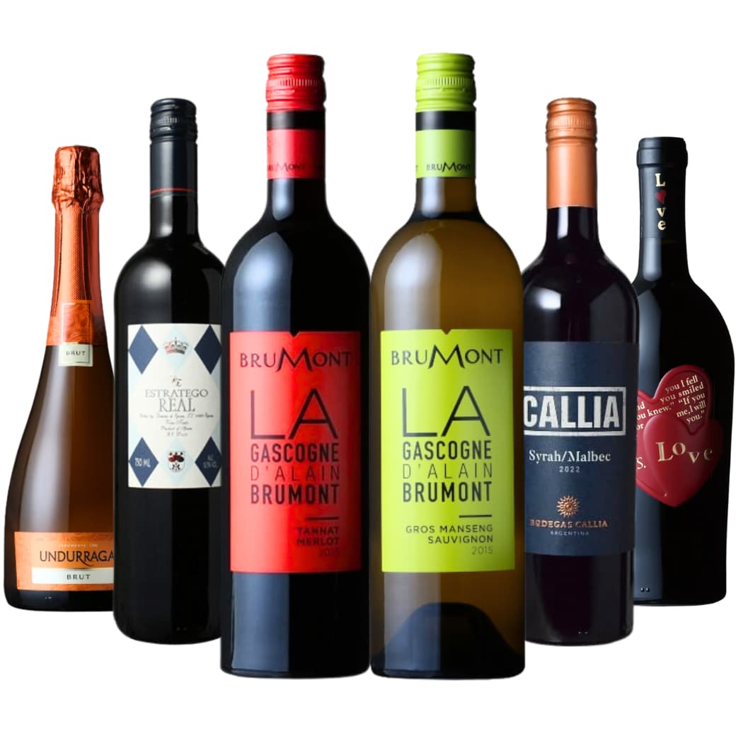 【商品名】旨さとコスパに自信あり！デイリーワイン6本セット タイプワインセット生産地チリ / イタリア / フランス / スペイン / アルゼンチンフランスとイタリア、スペイン、アルゼンチン、チリ産のコスパ抜群のワインをセレクト！どれもワイン評論誌、ワインコンクールで高評価のワインばかり！自宅で食事と気軽に楽しみたい”旨さ”にこだわったデイリーワイン6本セット！【セット内容】 750ml×6本(スパークリングワイン・辛口×1本、赤・辛口×4本、白・辛口×1本)◆ドメーヌ・アラン・ブリュモン ガスコーニュ・ブラン 抜群のコストパフォーマンスから、発売以来大人気！「最強のお家ワイン」として数々の雑誌に登場、コンクールで金賞総なめの実力派！ 抜群のコストパフォーマンスから、発売以来大人気！「最強のお家ワイン」として数々の雑誌に登場する「ガスコーニュシリーズ」の辛口白！ 造り手は、ハリウッドスター「トム・クルーズ」が自家用ジェットで買い付けに来たという逸話を持つ、南西フランス最高の生産者「ドメーヌ・アラン・ブリュモン」。 【タイプ】:白ワイン / 辛口 / なし【生産地】:フランス / 南西地方【造り手】:ドメーヌ・アラン・ブリュモン【Domaine Alain Brumont】【品種】:グロ・マンサン50%、ソーヴィニヨン・ブラン50%【容量】:750ml【商品コード】: fow0904◆ドミニオ・デ・エグレン エストラテゴ・レアル・ティント NV R.パーカー氏が大絶賛し、一躍有名になったシンデレラ赤ワイン！甘くほのかに苦いチョコレートの様。レーズンの風味が堪らない！ 世界で最もワイン市場に影響力があるロバート・パーカー氏が大絶賛し、一躍有名になったシンデレラ赤ワイン！ ≪ワイン・アドヴォケイト誌にてロバート・パーカーJr.氏のコメント抜粋≫ 「WOW!（中略）絶対にケース買いすべきだ！」「年に約6,000本の“高級ワイン”を試飲をするがこれほどコストに優れていない。 【タイプ】:赤ワイン / 辛口 / フルボディ【生産地】:スペイン / ヴィノ・デ・メサ【造り手】:ドミニオ・デ・エグレン【Dominio De Eguren】【品種】:テンプラニーリョ100％【容量】:750ml【商品コード】: spa0257◆ナターレ・ヴェルガ ラブ ロッソ IGT ヴェネト シェイクスピアが綴る、愛のメッセージラベルに誰もが目を奪われる！レーズン状葡萄による凝縮感とトロけるような甘美な1本。 技術革新を成し遂げつつ伝統の味わいを守り続け、世界から注目を集めている「ナターレ・ヴェルガ」。戯曲の舞台ヴェローナがあるヴェネト州産の、ロミオとジュリエットをモチーフに造られた赤ワインです。 【タイプ】:赤ワイン / 辛口 / フルボディ【生産地】:イタリア / ヴェネト州【造り手】:ナターレ・ヴェルガ【Natale Verga】【品種】:コルヴィーナ60%、メルロー40%【容量】:750ml【商品コード】: ita0560◆ドメーヌ・アラン・ブリュモン ガスコーニュ ルージュ 濃密な果実味と柔らかなボディ。誰もが認める旨安ワインの王者が造る期待を裏切らない定番の1本！ コスパ最強の「ガスコーニュ」シリーズ！豊富なタンニンを持つタナと、繊細なメルローのブレンドから生まれる優しいスタイル。滑らかな口当たりのミディアムボディ！ 造り手は、フランス南西地方のワインの価値を世に知らしめ、その人気を不動のものとした実力派「ドメーヌ・アラン・ブリュモン」。ハリウッドスター「トム・クルーズ」が自家用ジェットでわざわざ買い付けに来たという逸話は有名です！ 【タイプ】:赤ワイン / 辛口 / ミディアムボディ【生産地】:フランス / 南西地方【造り手】:ドメーヌ・アラン・ブリュモン【Domaine Alain Brumont】【品種】:タナ50％、メルロー50％【容量】:750ml【商品コード】: fow1098◆ウンドラーガ スパークリング ブリュット NV 元モエシャンドン醸造責任者が手掛けるコスパ抜群の泡！金賞受賞＆高評価連発♪フルーティーさ満点ながらスッキリとした飽きない味わい！ 元モエ・シャンドンのヘッドワインメーカーが手掛けるコスパ抜群の泡！柑橘系アロマが溢れ出す辛口の味わいは、飲む者皆が魅了されます。日本国内で最大のワイン・コンテスト「サクラ・アワード」では2018年にダブル金賞、2021年に金賞を続けて受賞。飲みやすさ満点、日常使いのスパークリングとしてストックしておきたい1本です！ 【タイプ】:スパークリングワイン / 辛口 / なし【生産地】:チリ / セントラル・ヴァレー【造り手】:ウンドラーガ【Undurraga】【品種】:シャルドネ60%、ピノ・ノワール40%【容量】:750ml【商品コード】: chi0114◆カリア アルタ シラーズ・マルベック 標高630m、アンデスの尾根で産まれるグットバリューなアルゼンチンブレンド。凝縮感ある納得の味わい！ 標高630m、アンデスの尾根で生み出されるコストパフォーマンス優秀なシラー・マルベックブレンド！ 干しブドウやチェリーを想わせる濃厚な甘い香りが豊かに漂い、アフターには樽香が心地よく残ります。 【タイプ】:赤ワイン / 辛口 / フルボディ【生産地】:アルゼンチン / サン・ファン【造り手】:ボデガス・カリア【Bodegas Callia】【品種】:シラー60%、マルベック40%【容量】:750ml【商品コード】: arg0011■各種贈り物に■御挨拶、御祝い、内祝い、結婚式、引き出物、誕生日、プレゼントなどの贈り物にギフトラッピング承っております。