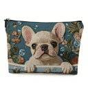 【NO.5】フレブル 刺繡風プリント ポーチ フレンチブルドッグ クリーム frenchbulldog 犬 イヌ お出かけ 旅行