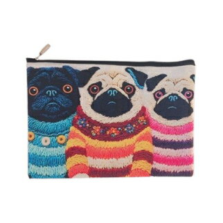 Rakuten - フラットポーチ【NO.1】パグ　刺繡風プリントポーチ　pug　犬　イヌ　パグマニア　パググッズ　黒パグ　フォーン