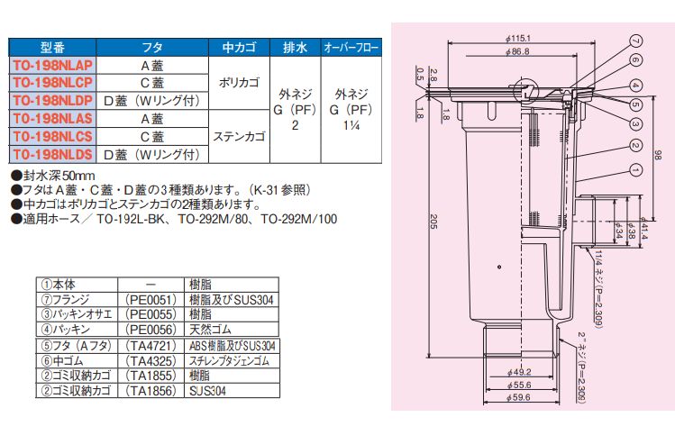 [TO-198NLCP　C蓋ポリカゴ付] 塩ビ小型排水トラップ50A（オーバーフロー有り） 2