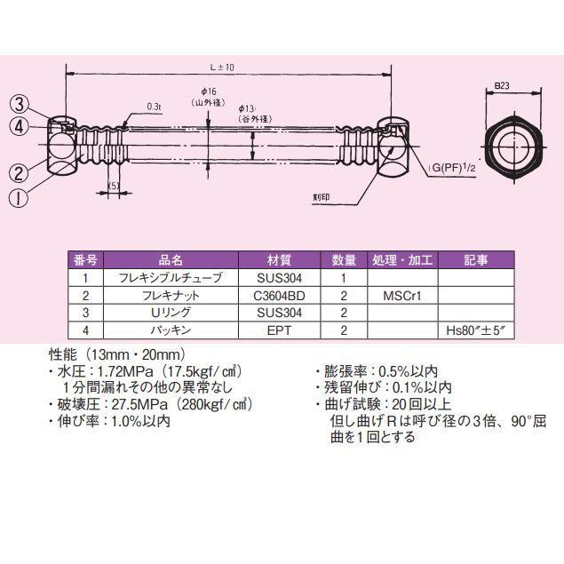 スーパーチューブ（SUS304）1/2フレキシブルパイプ　800mm　TO-648-800 2