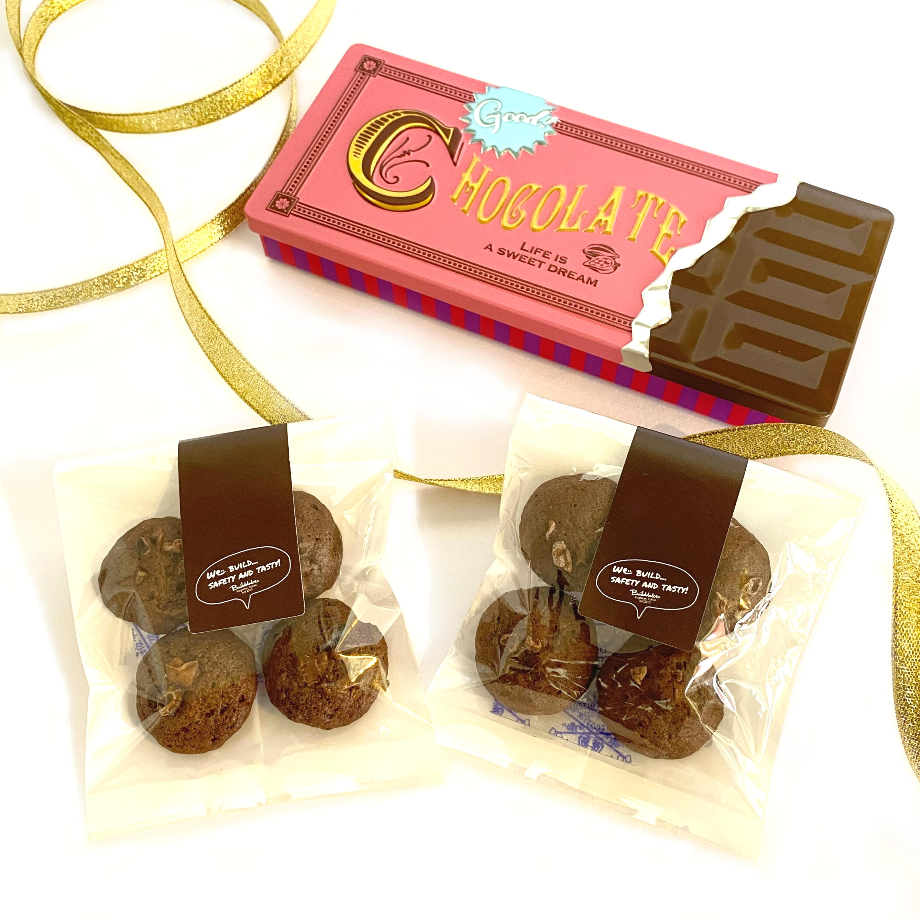 キュート缶［Pink］ 米粉クッキー カカオ＆カカオニブ 2袋 焼き菓子 ギフト 贈り物 板チョコ缶ミルク 3