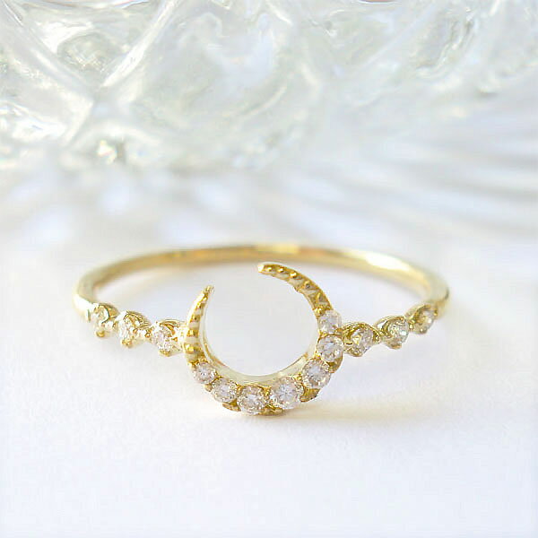 K18 リング ダイヤモンド 指輪 三日月 ムーン 月 ピンキーリング かわいい おしゃれ ダイヤ 0.1ct 華奢 細身 ピンキー 18金 ゴールド YG P...