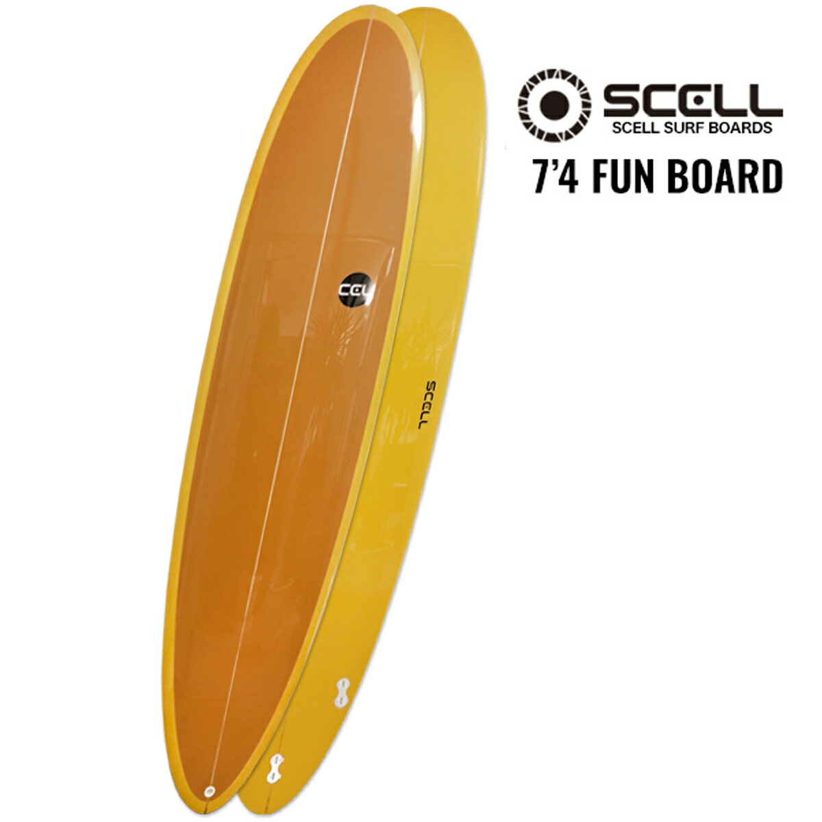 SCELL セル サーフィン サーフボード ファンボード 7'4 マスタード 2トーンカラー トライフィン フィン付 FCSフィン フィンキー付 ニットケース付 SURFING SURFBOARD