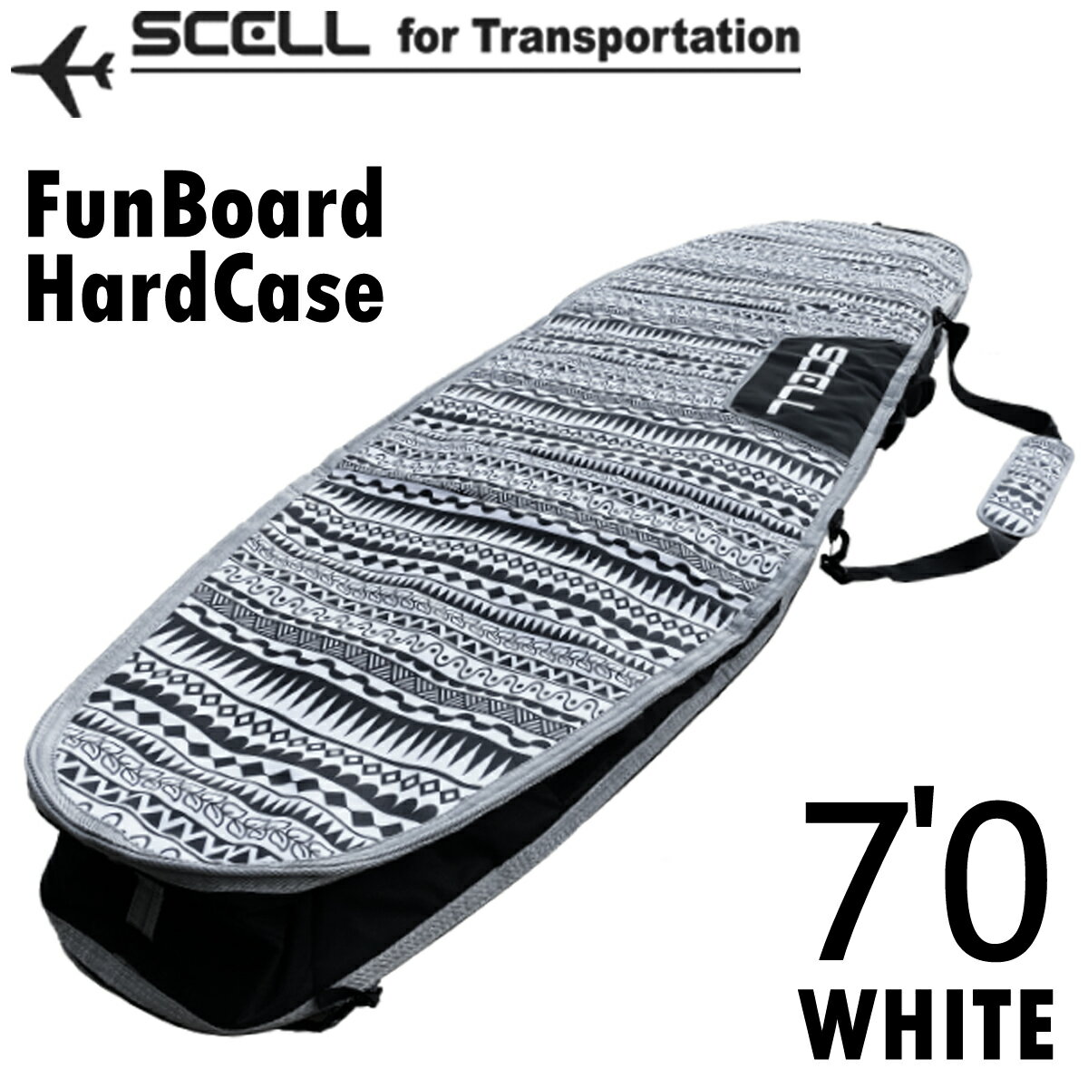 SCELL セル サーフボードケース 7'0 ハードケース WHITE ホワイト 白 トライバル柄 ファンボード ポケット付 フィン付けたまま収納可能 ショルダーストラップ サーフィン サーフボード SURFING SURFBOARD マリンスポーツ 海 アクティビティ 初心者 ビギナー