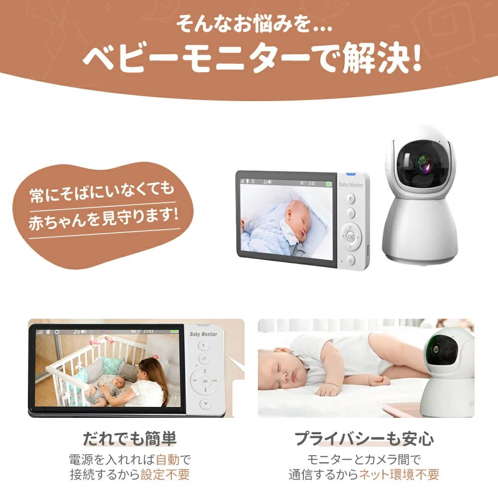 ベビーカメラ 暗視機能付き見守りカメラ 双方向音声通信 モニター付き 子供 防犯カメラ 不要 スマホ ベビーカメラ 見守りカメラ