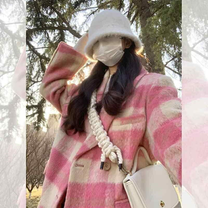 秋冬 ショート キレイ 可愛い ウール お洒落 ピンク コート ウール 格子 レディース チェック