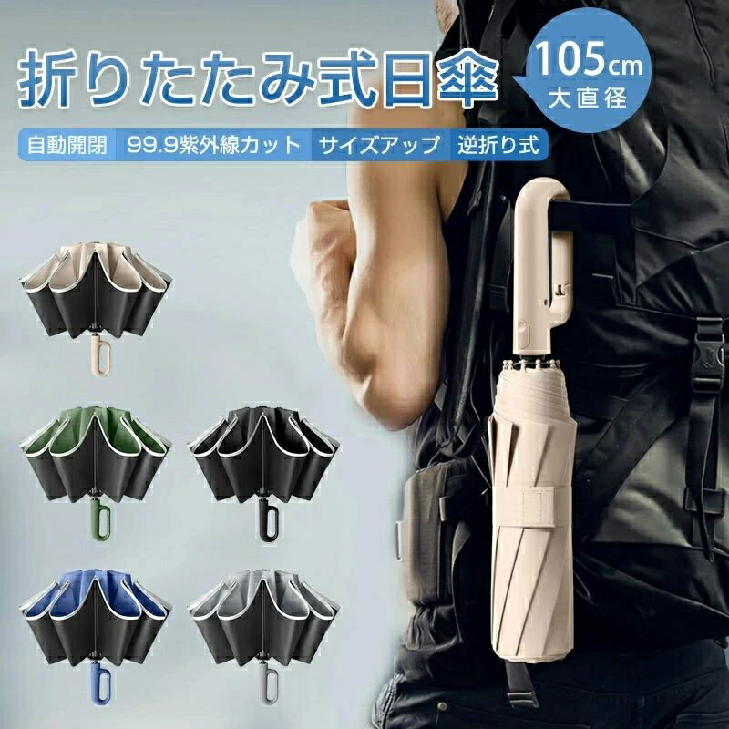 リングバックル 10本骨 自動開閉 サイズアップ 直径125cm/105cm 逆折り式 晴雨兼用 折りたたみ傘 自動開閉 完全遮光 折りたたみ