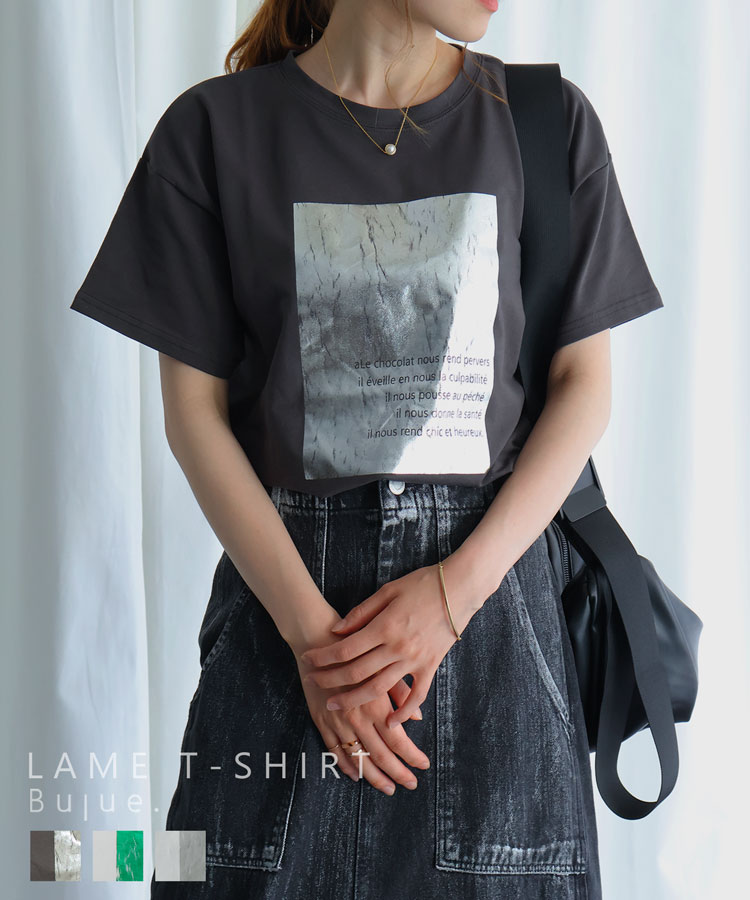 店内全品！★最大30%OFFクーポン★オープン記念！ 箔プリントTシャツ トップス レディース 半袖 Tシャツ de-00021 メール便【100】のサムネイル