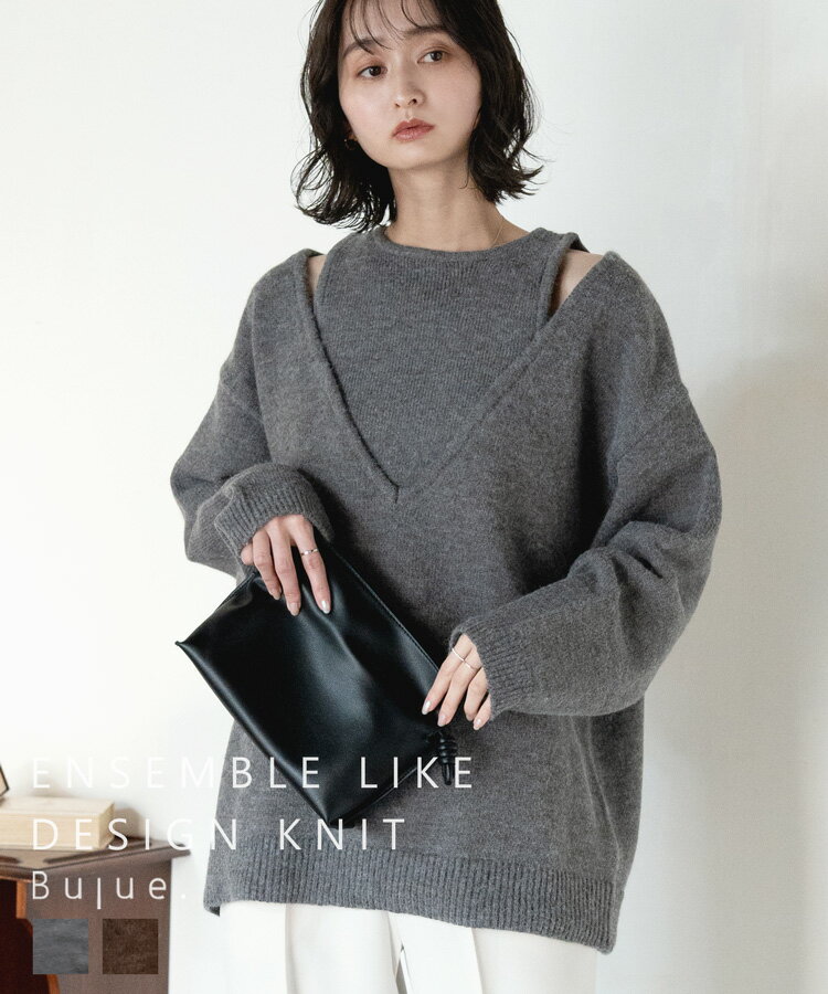 アルパカタッチアンサンブル風Vネックニット ニット トップス レディース buab0021 秋 冬  ...