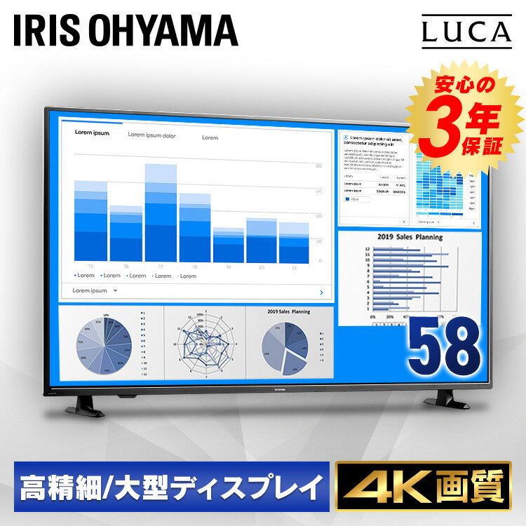 楽天g＋プラスモニター 4K 58型 HDMI ディスプレイ 58インチ PCモニター 液晶モニター 液晶ディスプレイ 壁掛け 大型 アイリスオーヤマ 大画面 大型モニター 大型ディスプレイ オフィス 会議 会社 ゲーミング 映画 リモコン付き 高画質 ILD-B58UHDS-B