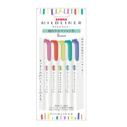 ●HC5色セット細字／太字　(マイルドシトラスグーン,マイルドマリーゴールド,マイルドサマーグリーン,マイルドラベンダー,マイルドフーシャ)●線巾：細字1.0〜1.4/太字4.0mm●長：141.5mm●インク種類：水性顔料●材質：本体キャップ/先端カバー＝PP製,　クリップ＝アクリル樹脂製,中綿＝ポリエステル製淡く落ち着いた色味の蛍光ペン WKT7マイルドライナー
