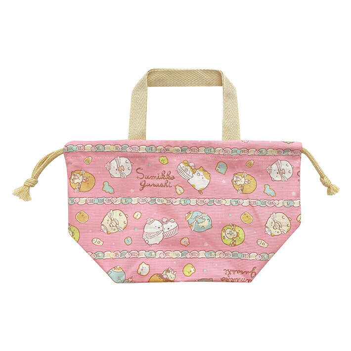 すみっコぐらし　マチ付き巾着　ねこのきょうだいとおかし屋さん柄　ピンク　SU284PN-8　[M便 1/3]