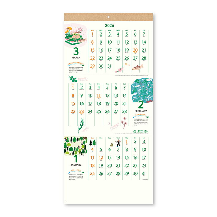 2026年　壁掛けカレンダー　3ヶ月カレンダー　水と緑をめぐるカレンダー　NK8916