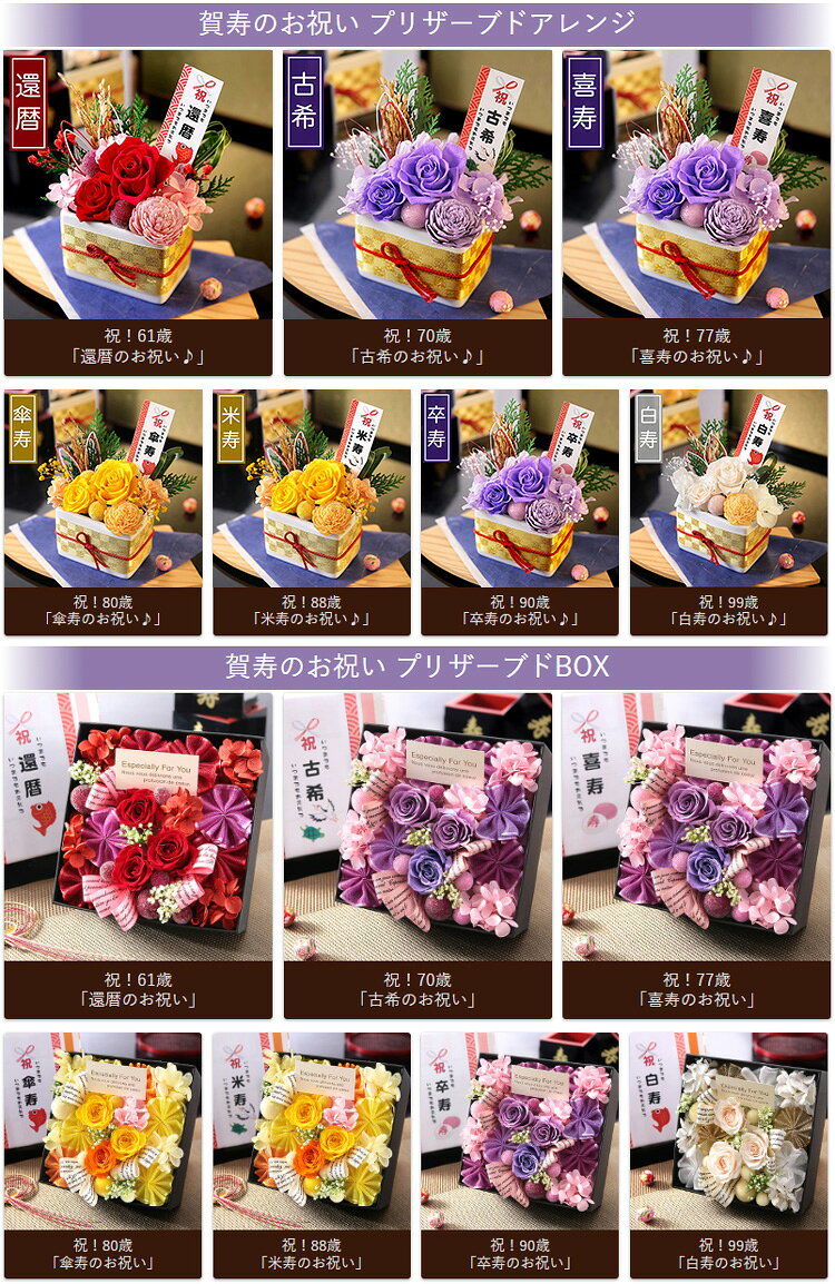花 プリザーブドフラワー プリザーブド・賀寿のお祝い 送料無料 賀寿 誕生日プレゼント 誕生日 プレゼント ギフト 還暦 祝い 古希 喜寿 傘寿 米寿 卒寿 白寿 慶寿 おじいちゃん おばあちゃん メッセージカード付き 敬老の日 2