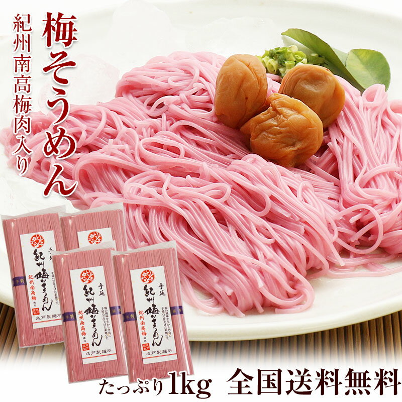 そうめん 送料無料 お持たせ 手土産 紀州手延べ 梅そうめん たっぷり1kg（250g×4袋）麺に紀州南高梅の梅肉を練り込んだ暑い夏につるっと、さっぱり美味しい素麺！※めんつゆは別売りです内祝い 残暑見舞い お中元 中元 夏ギフト