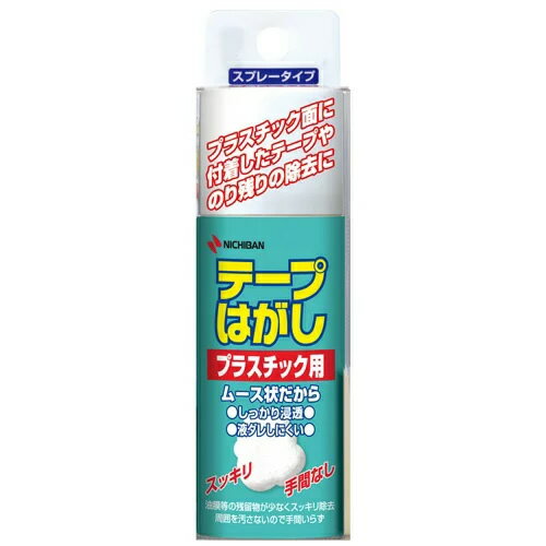 プラスチック面に付着したテープやのり残りをムースの力でキレイに除去する「テープはがしプラスチック用」。 プラスチック面に付着したテープやのり残りを除去したい！ そんなお客様の声から生まれました。 油膜等の残留物が少なくスッキリ除去、周囲を汚さないので手間いらず。 プラスチック面に付着したテープやのり残りを除去できる、ムース状のテープはがし。 ムース状なので、液ダレしにくく、のり残りにしっかり浸透します。 ※シールの素材によっては、はがれにくいものもございます。 プラスチックの表面に残った、テープやのり残りの除去に。 容量 50ml 成分 石油系炭化水素、IPA 備考 ムース状 ○ 紙製粘着テープ・シール、粘着剤残り △ 各種両面テープ、布製粘着テープ、プラスチック製粘着テープ・シール お使いいただけます プラスチック、タイル、ガラス、金属 ご確認ください 紙、木材、コンクリート、印刷面、フローリング （一度、下地への異常が無いことを確認して） ご利用を お控えください 塗装面、皮革