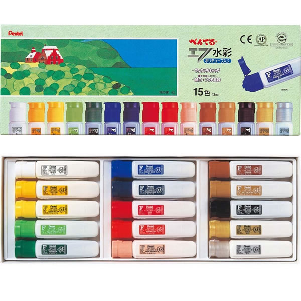 【15色セット/金・銀入り】ぺんてる/えのぐ ポリチューブ入りエフ水彩15色(金・銀入)(WFC1-15)キャップは片手でも開け閉めできるワンタッチキャップ!絵...