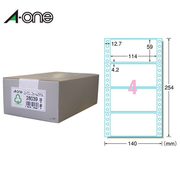 エーワン／コンピュータフォームラベル（28039）　4面　500折・2000片　コンピュータフォーム荷札　ドットインパクト印刷方式のプリンタでご使用できます／A-one